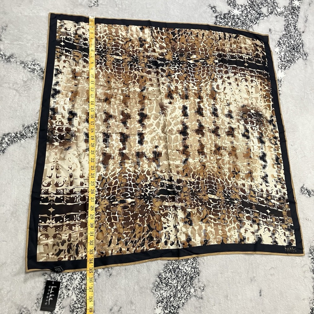 Nicole Miller‎ Silk Scarf Brown Animal Print Square Satin NWT Luxury Wrap - Picture 8 of 14